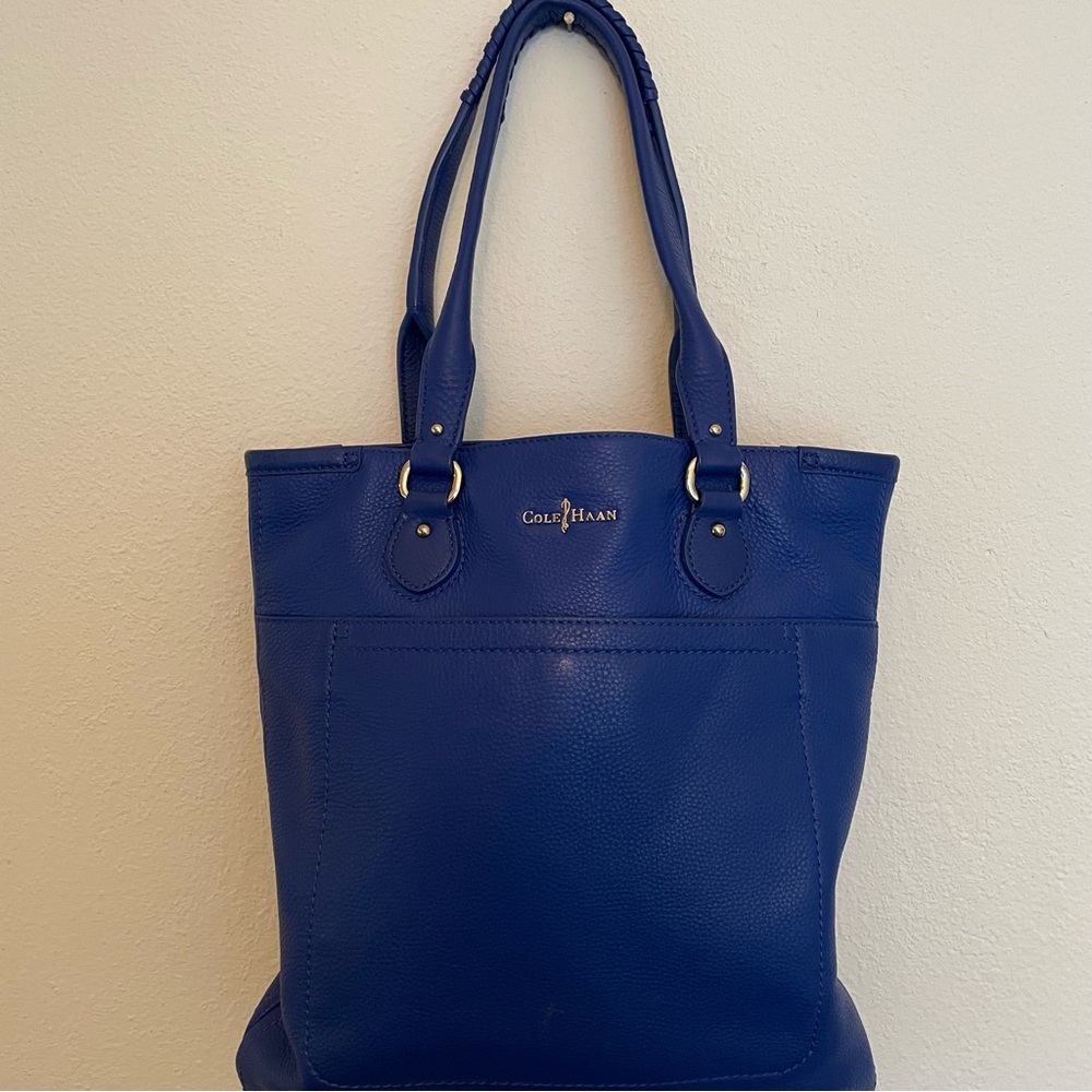 Cole Haan Pebbled Leather Shoulder Bag Royal Blue Shop Tote EUC‎